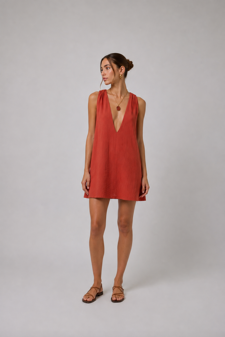 Stella Plunge Mini Dress in Terracotta