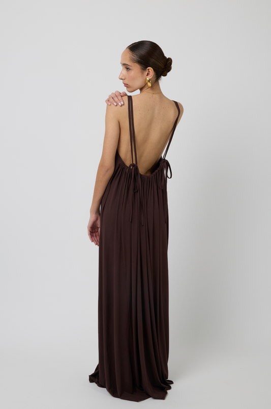 Luna Low Back Maxi Dress in Espresso