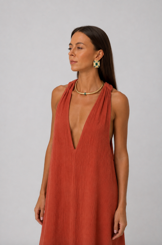 Stella Plunge Maxi Dress in Terracotta
