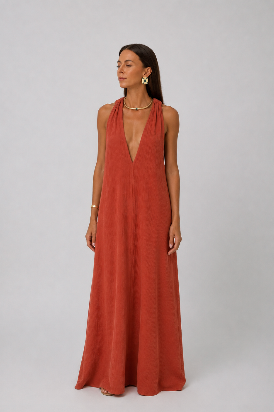 Stella Plunge Maxi Dress in Terracotta