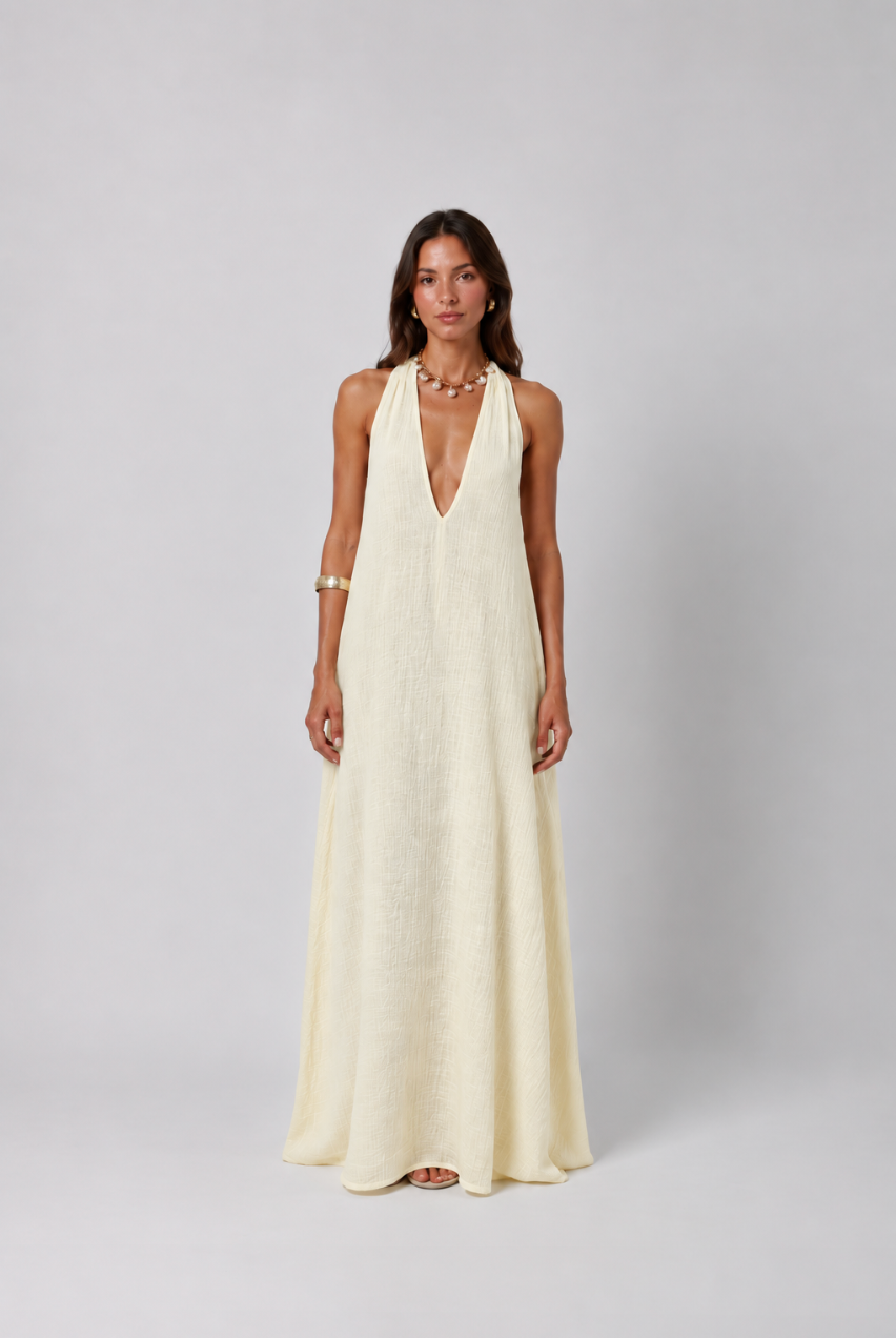Stella Plunge Maxi Dress in Butter